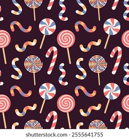 Seamless pattern of candies. Caramel stick, lollipop, candy cane on dark background. Holiday texture, pagking design	
