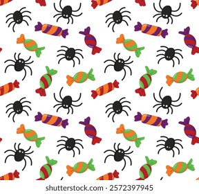 Seamless pattern with candies in colorful wrappers and cute spiders. Funny background for Halloween