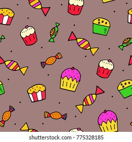 Seamless pattern with candies and cupcakes. Modern design for fabric and paper, web page background, surface textures.