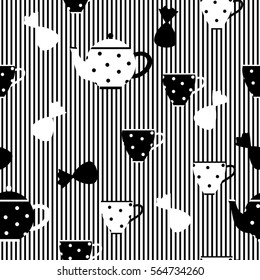 Seamless pattern with candies, cups and kettle with polka dots. Striped background. Black and white.