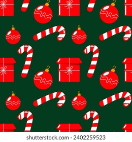 Seamless pattern, candies, gifts and Christmas balls, red and white design. Christmas print, textile, background, vector