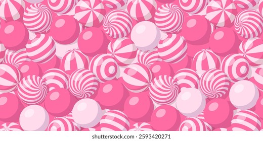 Seamless pattern with candies and gumballs. 3d gum or bouncy balls with striped and spiral texture. Abstract background with pile of pink plastic spheres, vector illustration