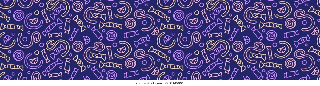 Seamless pattern with candies. Hand drawn sweets on purple background. Vector illustration.