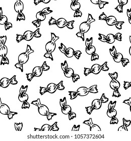 Seamless pattern with candies . Ink illustration. Isolated on white background. Hand drawn black elements.