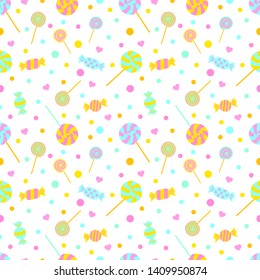 Seamless pattern with candies, lollipops and hearts. Endless sweet background, vector illustration