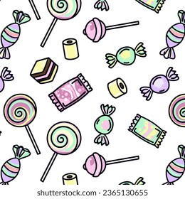 Seamless pattern with candies, lollipops and sweets. Vector illustration.