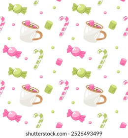 Seamless pattern with candies, marshmallows, lollipops and cups. Vector illustration.