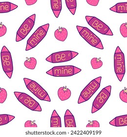 Seamless pattern with candies in pink wrapper with inscription Be Mine and strawberries. Sweet compliment for beloved on Valentines Day. Colorful vector illustration hand drawn doodle