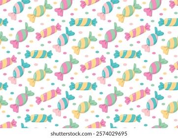 Seamless pattern with candies in a striped bright wrapper and confetti. background with elements that fell out of the pinata