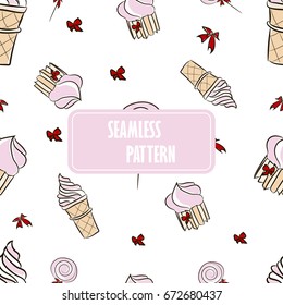 Seamless pattern with candies and sweets - ice cream, cupcakes, Lollipop, candies. Candy bar sweets In pastel colors