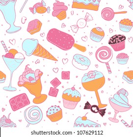 Seamless pattern with candies and sweets  on white