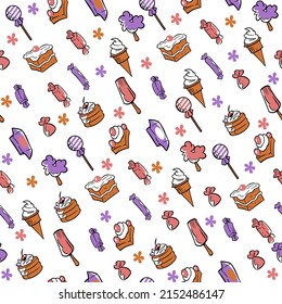 Seamless pattern with candies and sweets. Yummy colorful creamy cupcake, candy and ice cream on white background