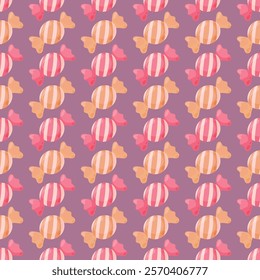 Seamless pattern with candies. Valentines day ornament for greeting cards, birthday cards, fabrics, textile. Cartoon style illustration, vector design. 