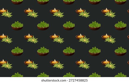 Seamless pattern with a candle in a brown bowl and houseplants. Vector illustration.