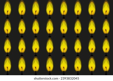 Seamless pattern with Candle Flame isolated black background. Fire endless backdrop can used t-shirt, textile, wallpaper print. Fire ornament. Vector illustration. 