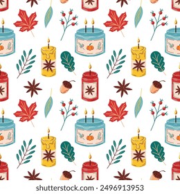 Seamless pattern with candle in a glass cup. Burning candle with leaves, acorn, rowan berry and cinnamon. Autumn design. Vector illustration on a white background.