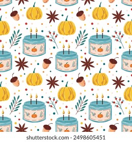 Seamless pattern with candle in a glass cup. Flat style. Burning candle with pumpkin, acorn, rowan berry and cinnamon. Autumn design. Vector illustration on a white background.