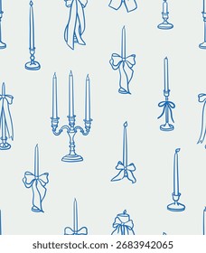 Seamless pattern of candle. Line art, ink, minimalist style. Vector illustration. Winter holidays collection.