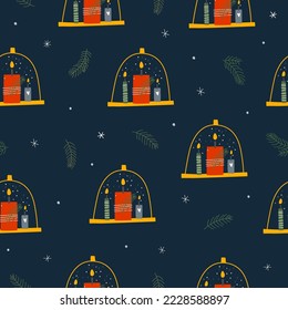 Patrón sin foco con base de velas. Se están quemando tres velas navideñas. Ramas de aves y copos de nieve. Ideal para tarjetas de Año Nuevo y Navidad, impresión en tela, papel, mochilas, merch, scrapbooking.