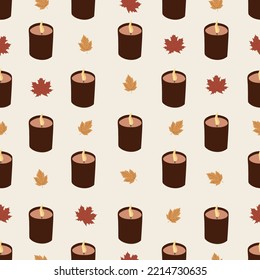 Patrón sin foco con velas y hojas de otoño. Otoño, cosecha, día de acción de gracias, concepto de caída. Ilustración natural dibujada a mano, invitati de diseño