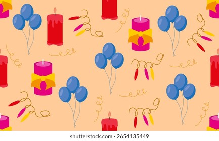 Padrão contínuo com velas, balões e guirlandas em um fundo claro.Elementos para impressão, papel de parede e decoração.Ilustração vetor