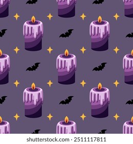 Seamless pattern with candles, bats and stars on a dark background