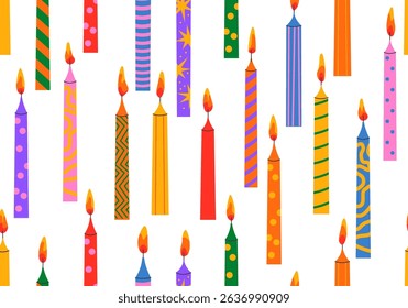 Seamless pattern with Candles for the birthday cake. Colorful holiday candles for cake decoration. Bright accessories for the holiday party. Vector illustration