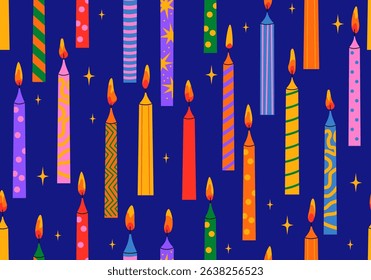 Seamless pattern with Candles for the birthday cake. Colorful holiday candles for cake decoration. Bright accessories for the holiday party. Vector illustration