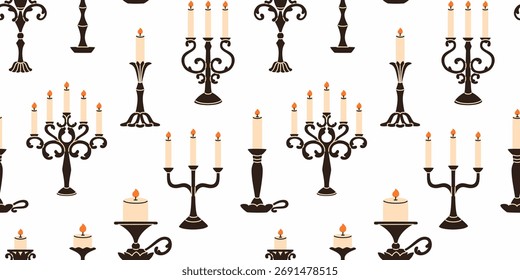 Nahtloses Muster von Kerzen in schwarzen Kerzenständer. Flache Vektorgrafik.