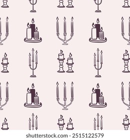 Seamless pattern of candles, candelabra and candlestick on beige background. Hand-drawn black line art. Autumn and cozy home decor. Hygge concept. Fall vector design