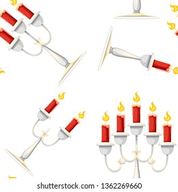 Seamless pattern. Candles in candlesticks set. Silver candelabra with red burning candles. Flat vector illustration on white background.