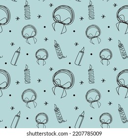 Seamless pattern with candles and Christmas balls. Vector pattern of winter theme in line art style. Layout for packaging