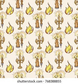 Seamless pattern with candles and flames for wrapping paper, wallpaper, textiles and other items.