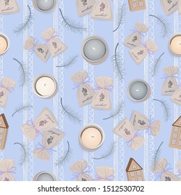 Seamless pattern with candles, fragrant bags and feathers on a blue background.