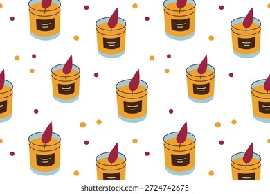 Seamless pattern with candles in glass jars and stylish labels, vector flat cartoon illustration. Cozy hobby and relaxation theme, beauty and self care mood for packaging, home decor, textiles