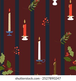 Seamless pattern with candles, holly, and red berries in a festive color palette. Ideal for holiday textiles or gift wrap.