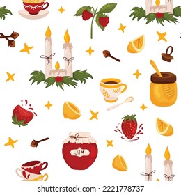 Seamless pattern with candles, lemon, strawberry and honey white background. Beautiful print for textiles, wallpaper, packaging cartoon style.