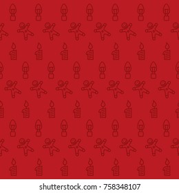 Seamless pattern of candles, lights, and cookies on deep red background