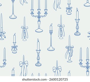 Seamless pattern of candles. Line art, ink, minimalist style. Vector illustration. Party collection.