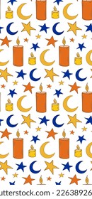 Seamless pattern candles moon stars. Orange, blue and yellow colors. Magical Doodle Bright Vector.