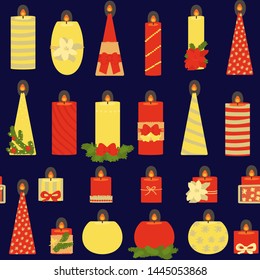 Seamless pattern of candles on a dark background. festive decor. Vector illustration.