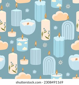 Seamless pattern with candles of various shapes in pastel colors. Vector graphics.