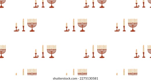 Seamless pattern with a candlestick with a candle and a Hanukkah menorah.