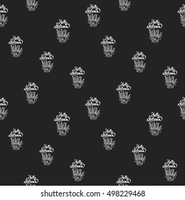 Seamless pattern with candlestick with hello autumn lettering. Decorative design for eco forest wedding or autumn celebrations. Rustic floral symbols and elements on black chalkboard.