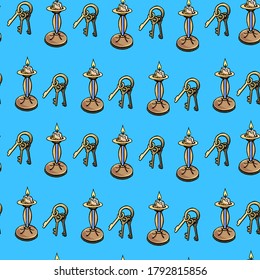 Seamless pattern with candlesticks and keys, blue background, cartoon style, for children, adventure, antiquity, search, treasure, keys, candle, light, for children, pattern for fabric, tablecloth