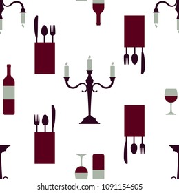 Seamless pattern: Candlesticks, wine bottle, wine glass and cutlery on white background. Made in flat style with four colors palette.