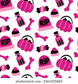 Seamless pattern of candy basket, poison, tombstone, bones in pink tones on a white, for Halloween. Vector festive illustration in cartoon style for children. Texture for parties, packaging, fabrics