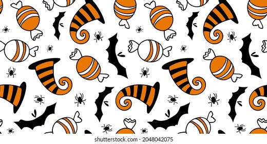 Seamless pattern candy bat, witch hat. Funny Happy Halloween cartoon vector repeated Illustration for celebratory textile, wrapping paper, wallpaper.