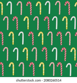 Seamless pattern with candy cane. Christmas retro print. Vector hand drawn illustration.