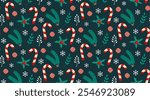 Seamless pattern with candy cane, fir branch, twigs, swirl candies, holly and snowflakes. Merry Christmas and Happy New Year design. 